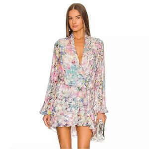 Rococo Sand Floral Leila Metallic Stars Mini Dress Sz XS Wrap Viscose Lined NWT